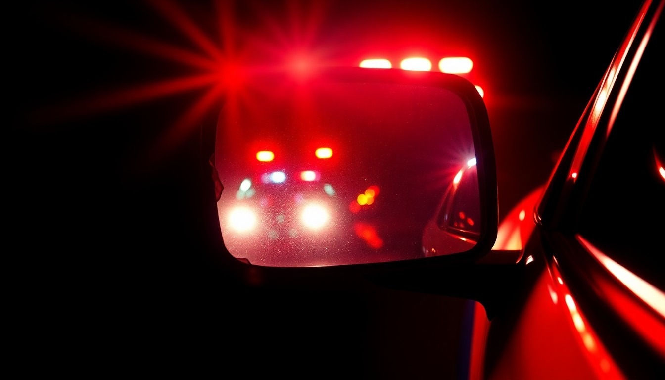An extreme close-up photograph of a damaged police car side mirror reflecting the flashing lights of emergency vehicles, creating a stark, gritty, investigative aesthetic.