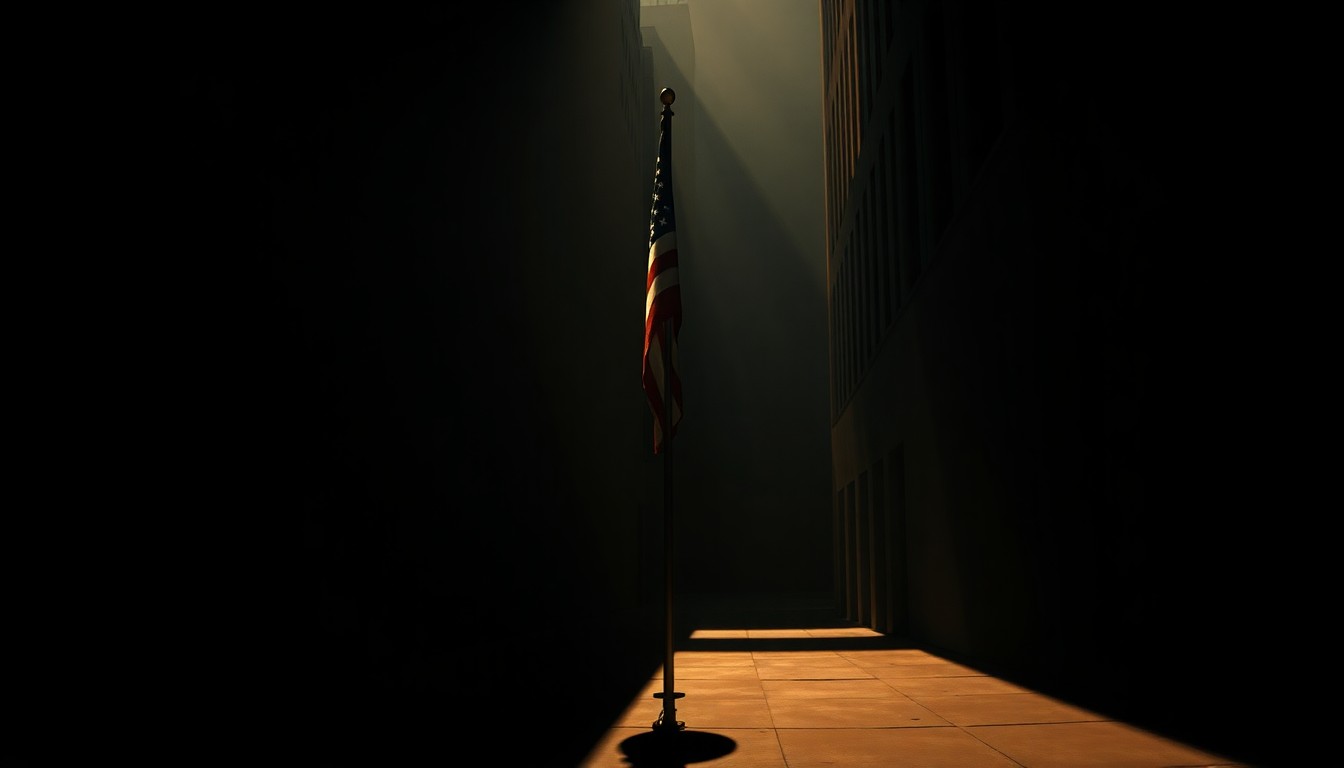 A solitary American flag pole stands in a dimly lit urban alleyway, the flag itself obscured by warm, diagonal sunlight and deep shadows, creating a contemplative mood about the meaning of American ideals.