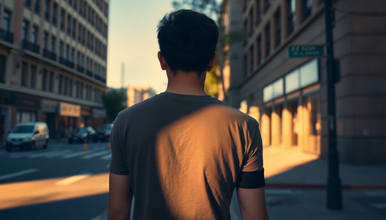 A cinematic painting of a lone person wearing a black armband standing on a city street corner, the warm light and deep shadows creating a contemplative, nostalgic mood.