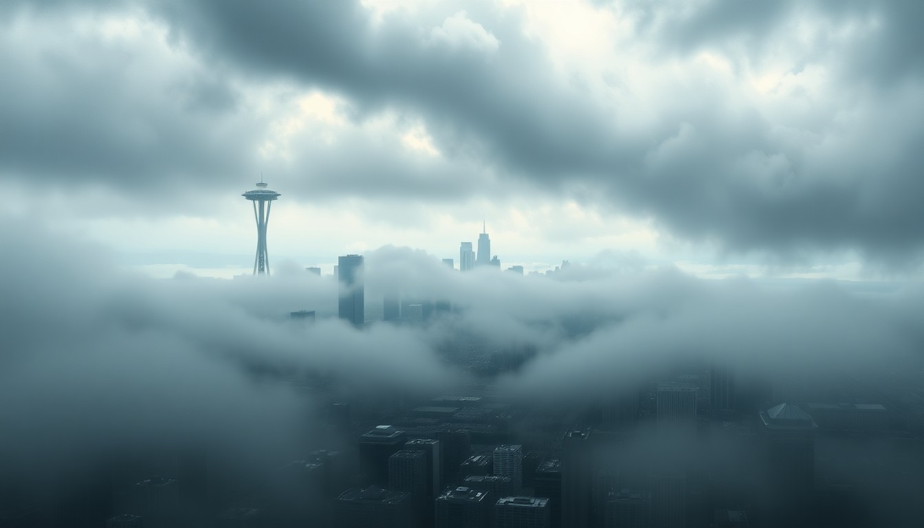 A vast, atmospheric landscape painting in muted tones of gray, blue, and green, depicting the iconic Seattle skyline partially obscured by swirling clouds and heavy rainfall, conveying the overwhelming power of the natural environment.