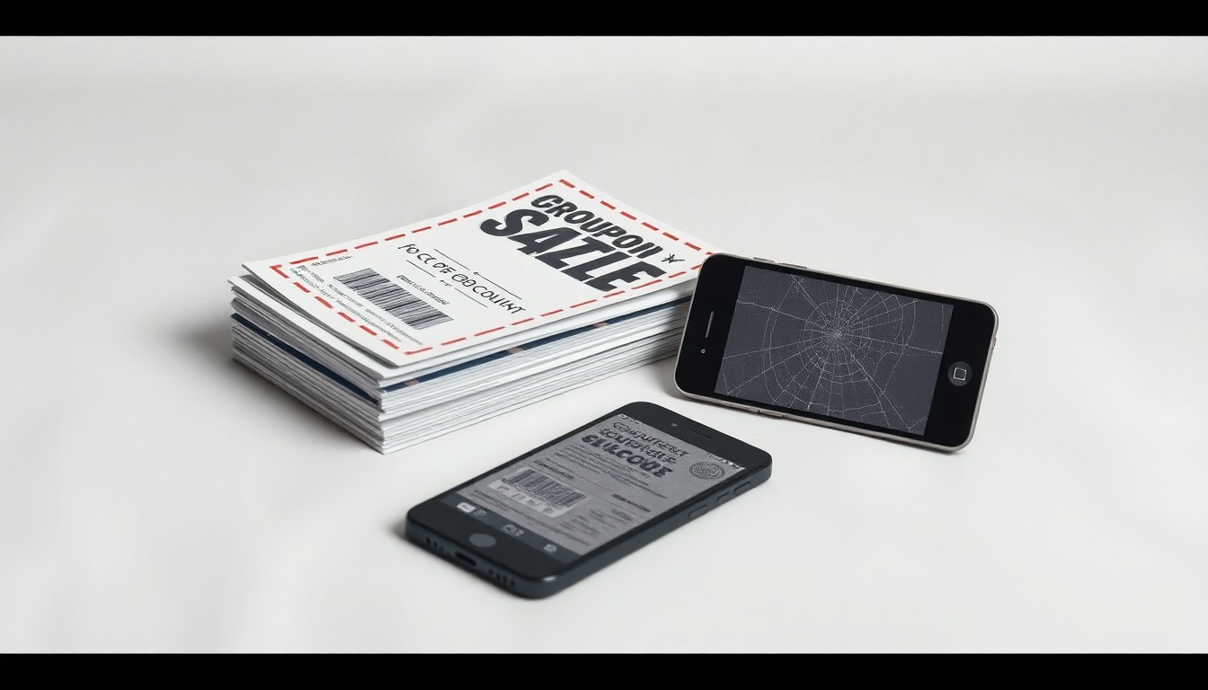 A high-end, photorealistic studio still-life photograph featuring a stack of discounted coupon books and a cracked smartphone screen, arranged elegantly on a clean, monochromatic seamless background, conceptually representing the abstract corporate strategy, finance, and market challenges facing the e-commerce company Groupon.