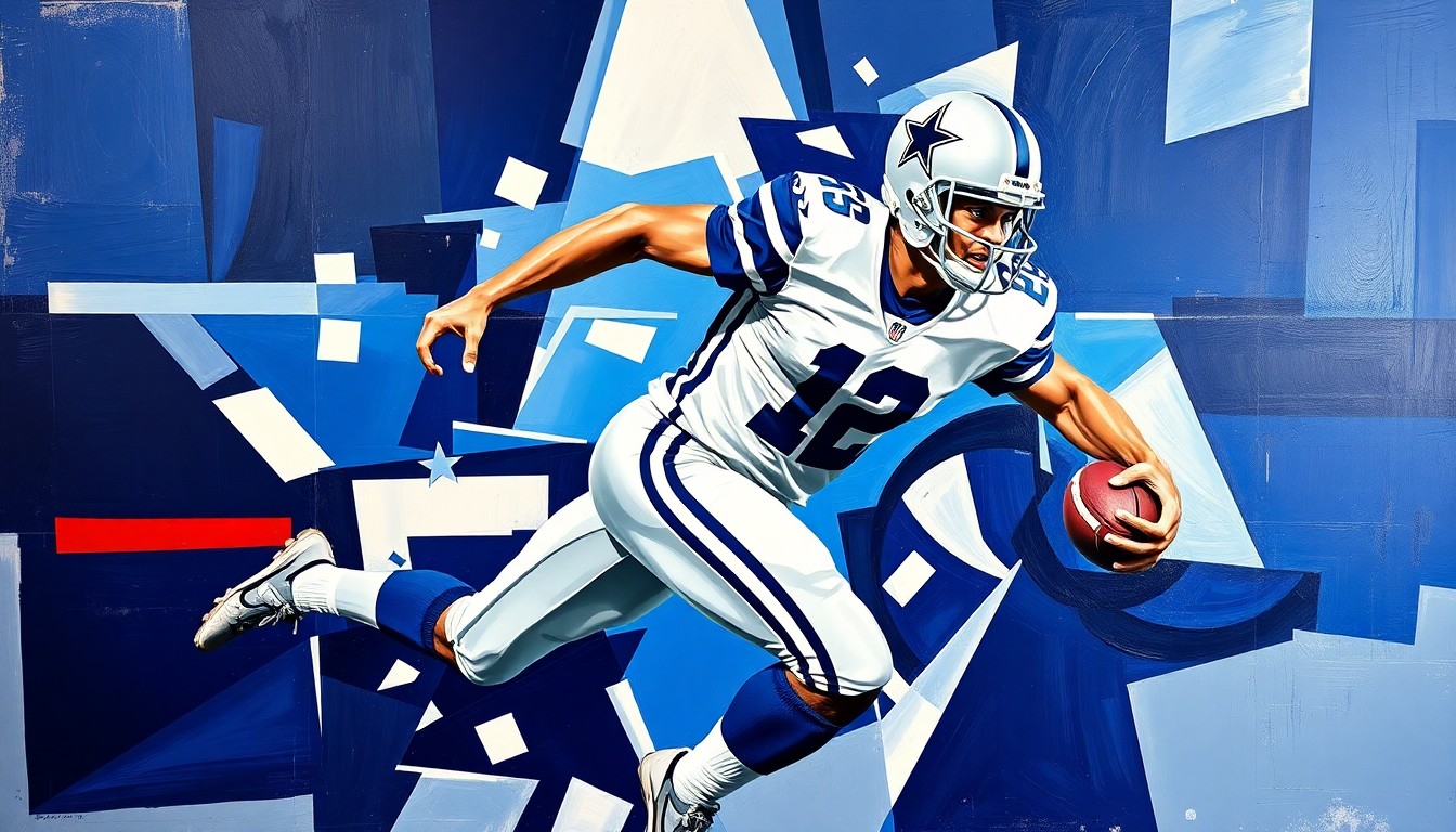 A cubist-style painting depicting a football player in motion, broken down into sharp, overlapping geometric shapes in the colors of the Dallas Cowboys.