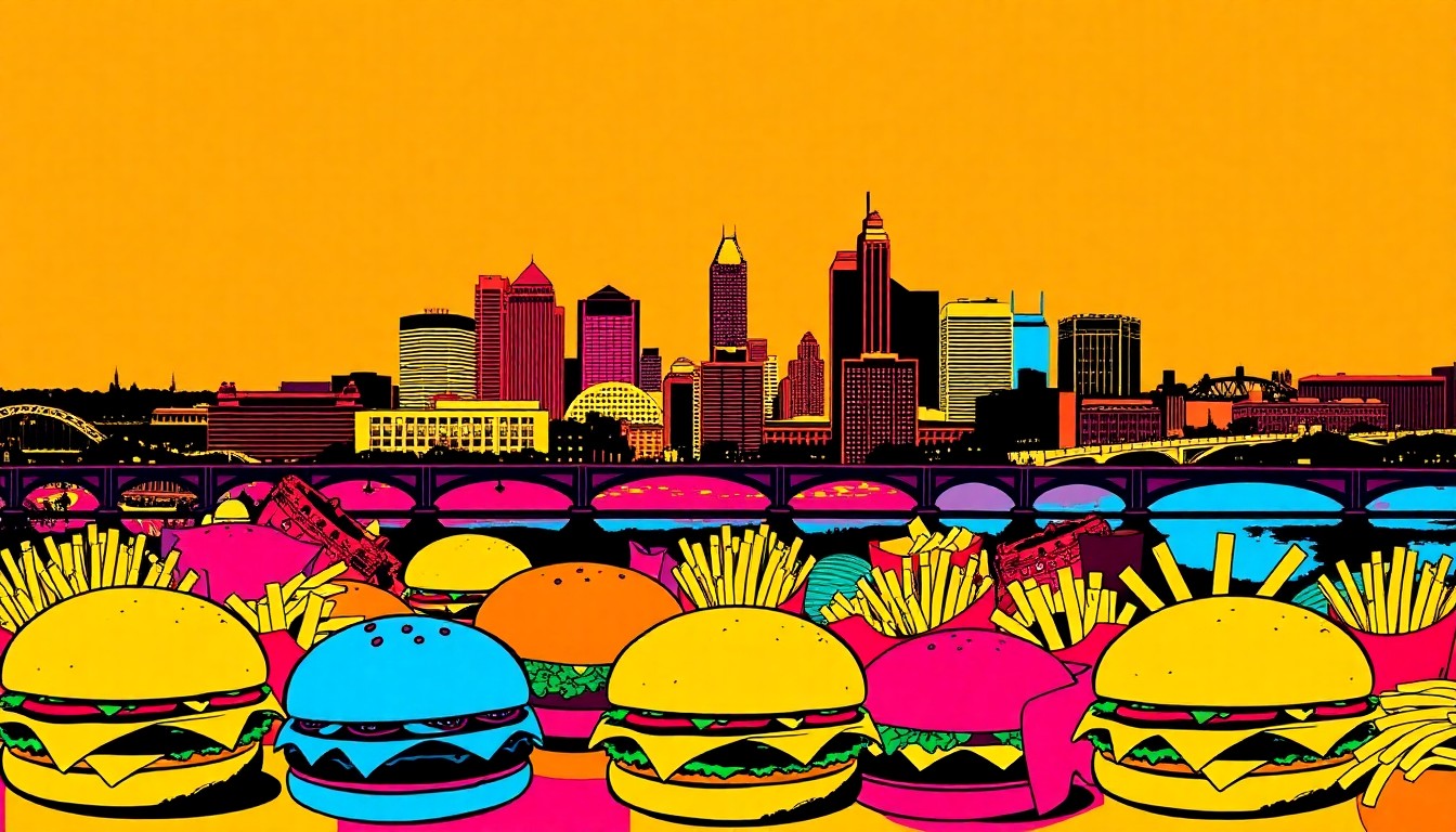 A vibrant, silkscreen-style illustration featuring a grid of stylized Pittsburgh restaurant dishes like cheeseburgers and french fries in a neon color palette, conceptually representing the changing nature of the city's dining scene.