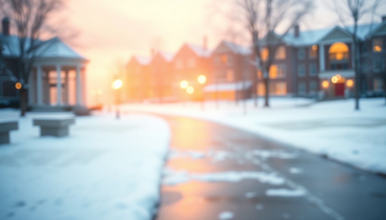 An extremely abstracted, out-of-focus photograph of a snowy campus scene, with soft pools of warm light and color creating a cozy, atmospheric mood that evokes the university's flexible approach to final exams and remote work during the severe weather.