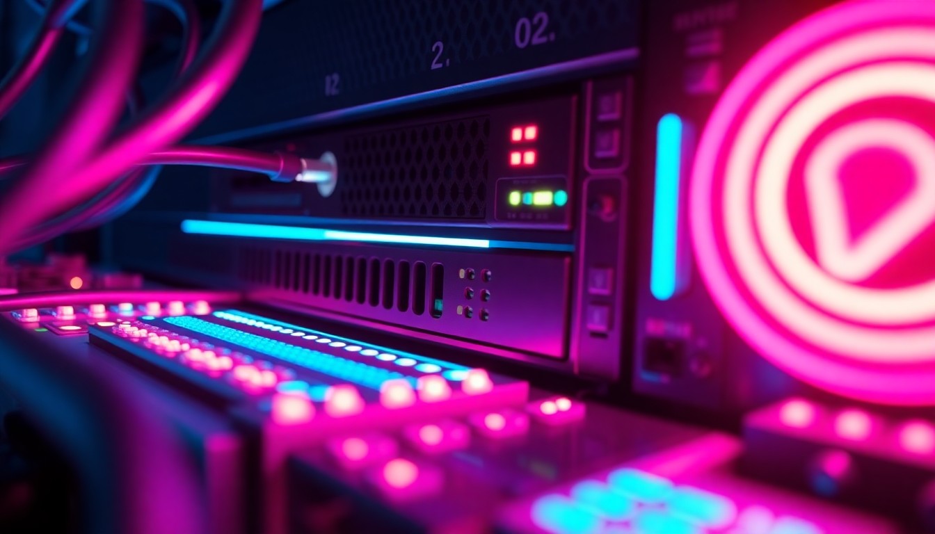 A close-up view of a glowing, futuristic-looking virtual private network server, with intricate hardware components and neon lights, representing the technological backbone of secure online communication.