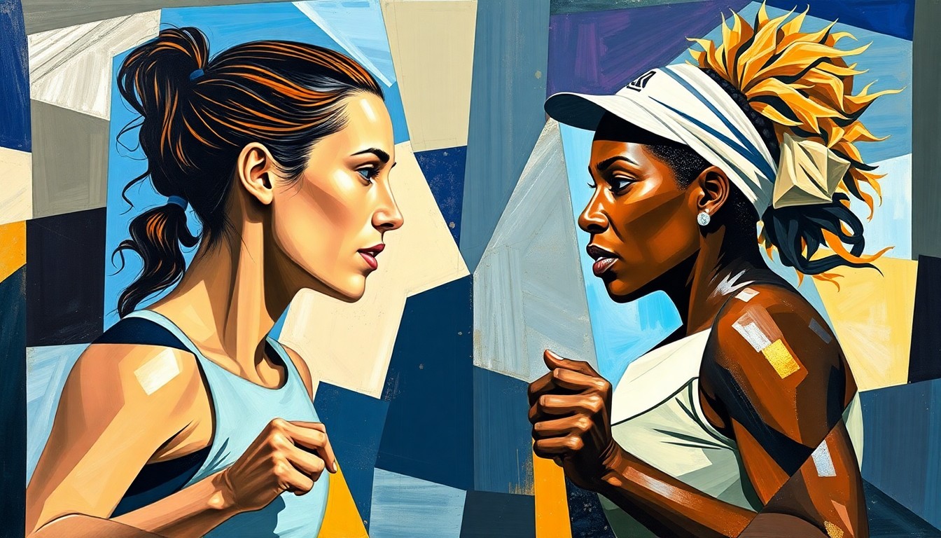 A cubist-style painting depicting a tennis match or competition, with the players and court broken down into sharp, overlapping geometric shapes and planes in vibrant colors, conveying the dynamic energy and complexity of professional sports as a working mother.