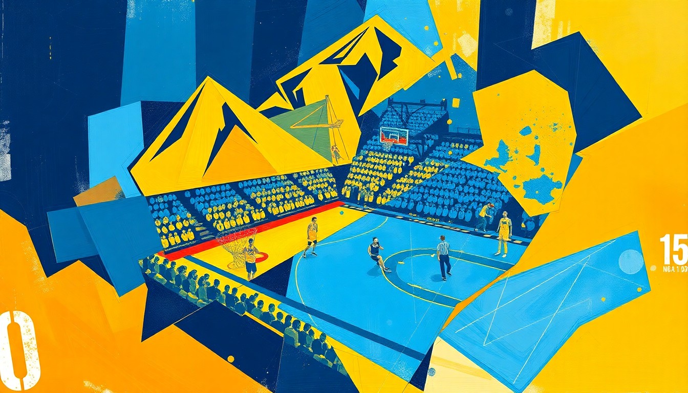 A fractured, multi-perspective painting in vibrant colors, breaking down a Nuggets basketball game into sharp, overlapping geometric planes, capturing the team's rollercoaster of a season.
