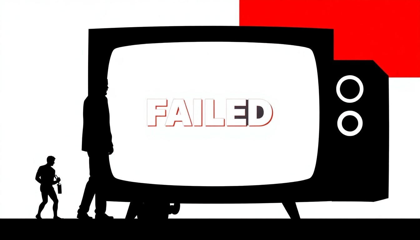 An abstract, minimalist composition featuring sharp, jagged shapes in bold red and black, conceptually representing the disappointment and letdown of failed TV shows in 2025.