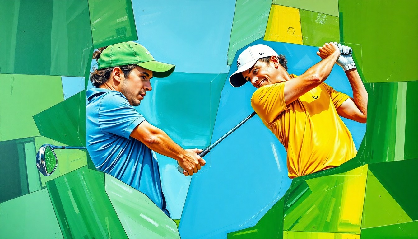 A cubist, geometric painting depicting the intense competition between two golfers, with their movements and the course itself fractured into sharp, overlapping planes of color.