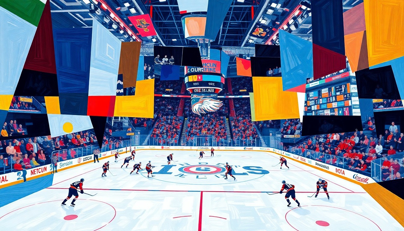 An abstract, cubist-style painting depicting the energy and movement of a college hockey championship game, with sharp geometric shapes and planes of color representing the players, ice, and arena.