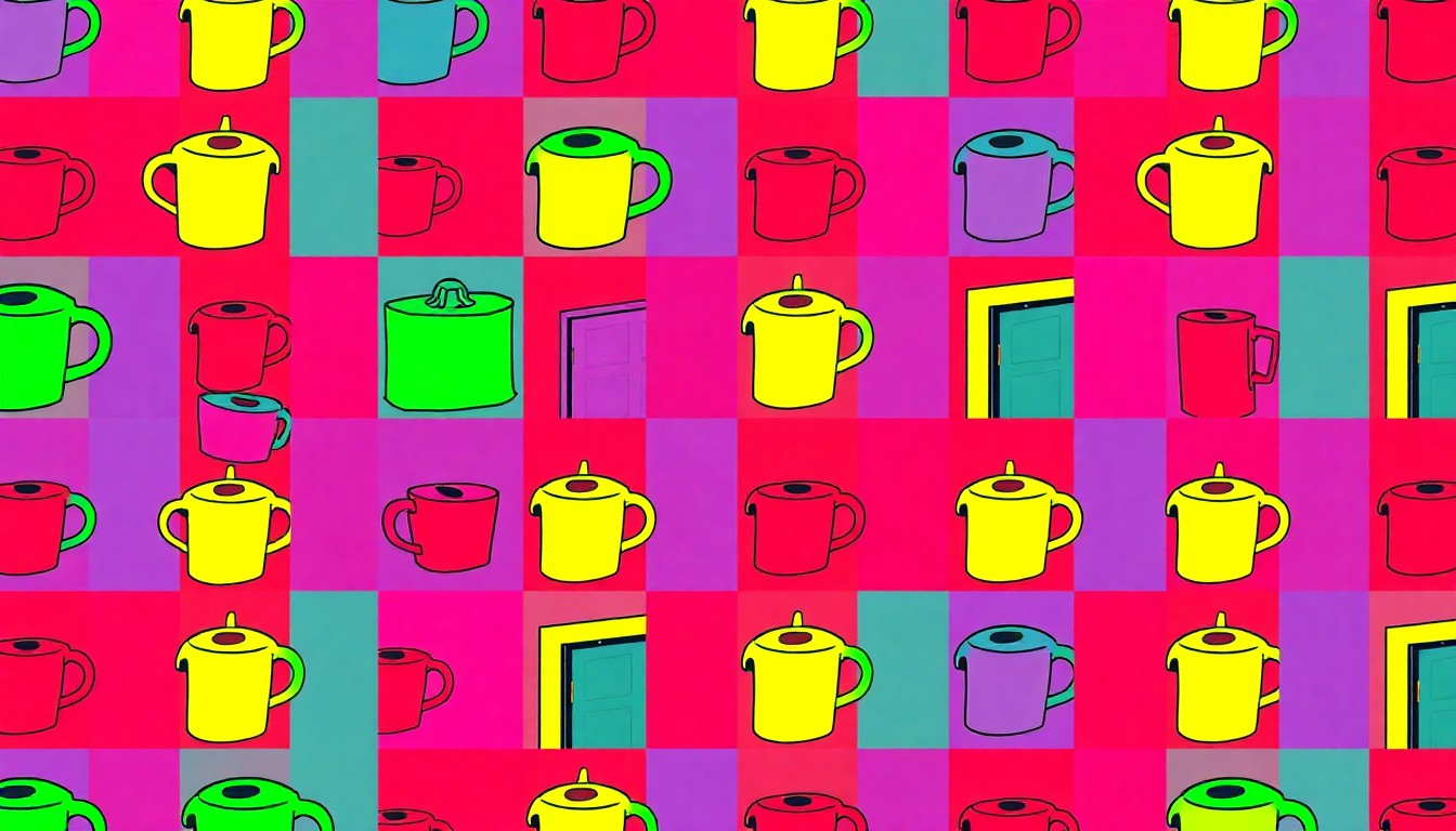 A brightly colored, high-contrast silkscreen print of a single, iconic household object like a coffee mug or lamp repeated in a tight grid pattern, conceptually representing the modern, design-forward features of the Indianapolis property.