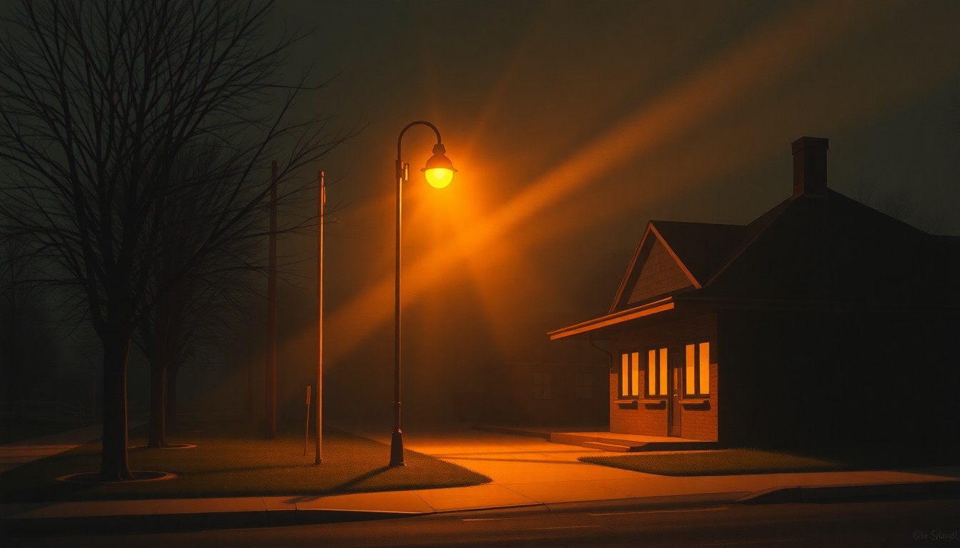 A serene, photorealistic painting of a lone suburban street lamp or community center building, its surfaces and shadows rendered in warm, muted tones that evoke a sense of quiet contemplation.