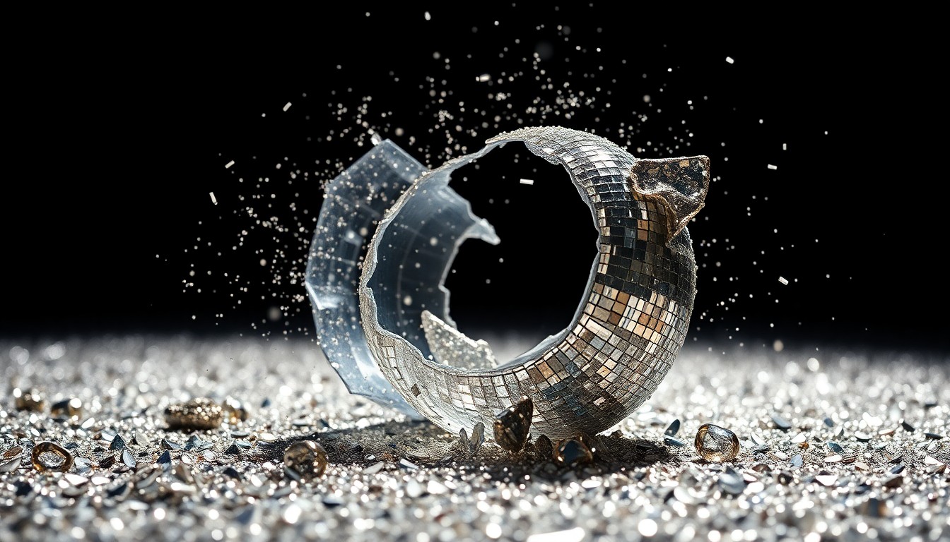 An extreme close-up of shimmering sequins and shattered glass, capturing the glitz and tension surrounding Kanye West's controversial return to the UK music scene.