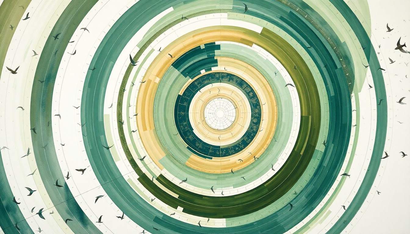 A highly textured abstract painting in earthy tones of green, blue, and brown, featuring sweeping geometric arcs, concentric circles, and precise botanical spirals, conceptually representing the complex interactions between wind turbines and bird migration patterns.