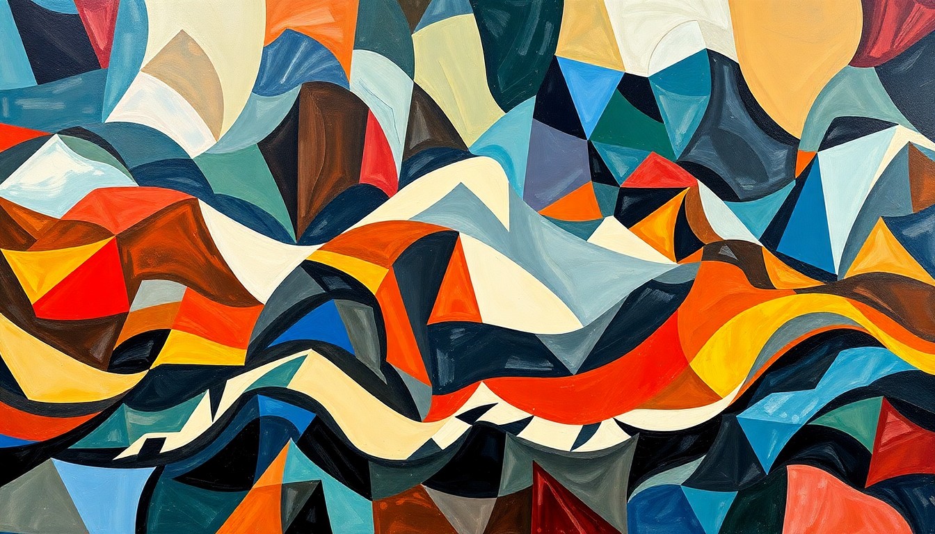 A vibrant, abstract painting depicting overlapping, fractured geometric shapes in shades of blue, red, and gold, representing the dynamic and interconnected nature of international trade and geopolitics.