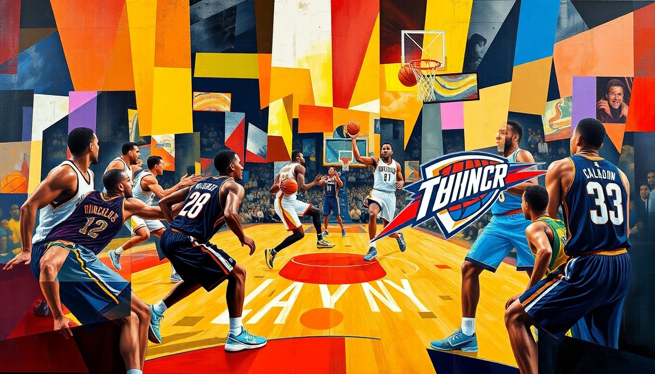A fractured, multi-perspective painting in a cubist style, breaking down a basketball game into sharp, overlapping geometric planes of color. The players' forms are deconstructed into abstract shapes, capturing the strategic complexity and fragmented nature of the 'rest game' phenomenon.