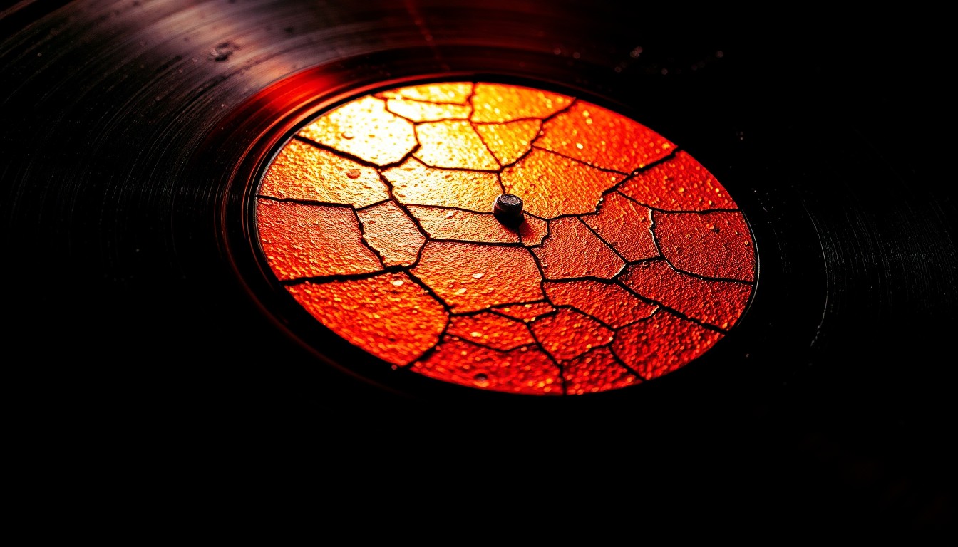 An extreme close-up of a cracked, shimmering vinyl record material captured in dramatic high-contrast studio lighting, conceptually representing the gritty glamour of underground music.