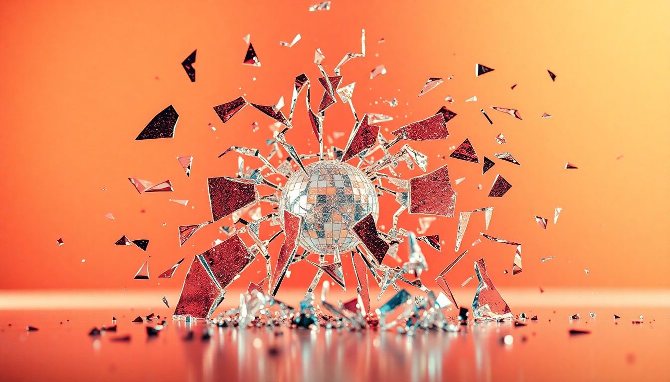 An extreme close-up photograph of shattered, glittering glass fragments in high-contrast studio lighting, conceptually representing the surreal and fragmented nature of modern politics.