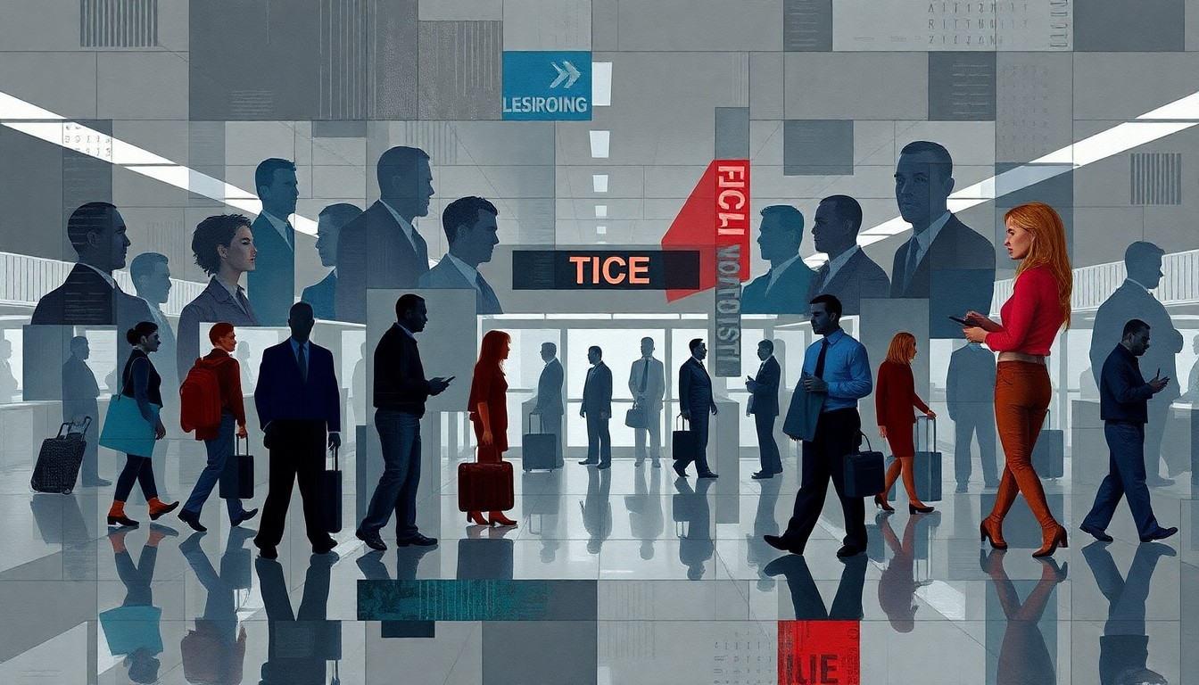 A dynamic, abstract painting depicting the blurred lines between airport security and political theater, with overlapping geometric shapes and figures in shades of gray, blue, and red.