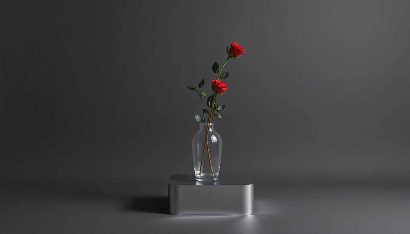 A high-end, photorealistic studio still-life photograph featuring a polished, geometric display stand made of brushed aluminum with a single, elegant glass vase containing a red rose. The dramatic lighting and deep shadows create a bittersweet, conceptual representation of the end of an era for the luxury department store.