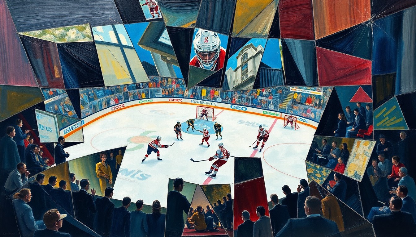 A fragmented, geometric painting depicting a hockey game or match, with sharp planes of color and form representing the strategic elements and emotional tensions of the Sharks' coaching decision.