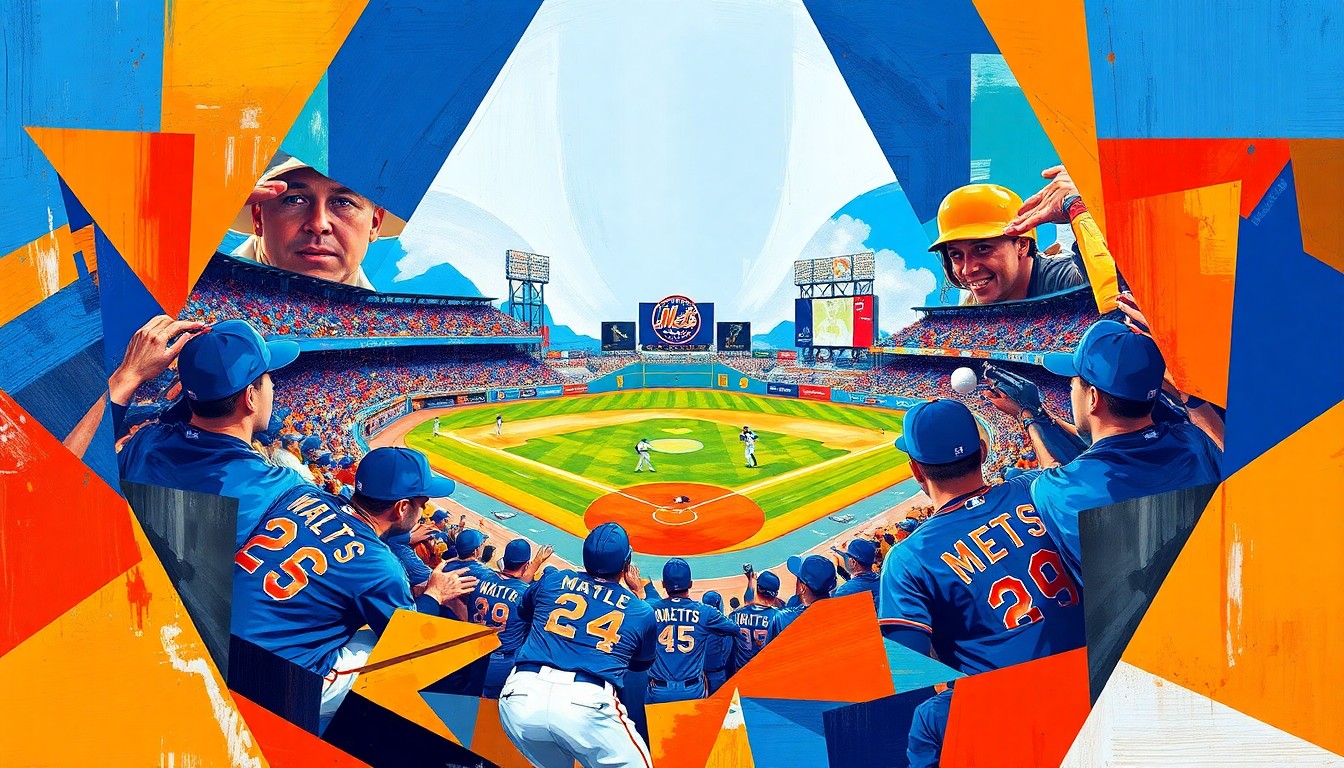 A fractured, cubist-style painting depicting a Mets baseball game, with players' forms broken down into sharp, overlapping geometric shapes in the team's blue and orange colors, conveying the strategic complexity of the Mets' roster decisions.