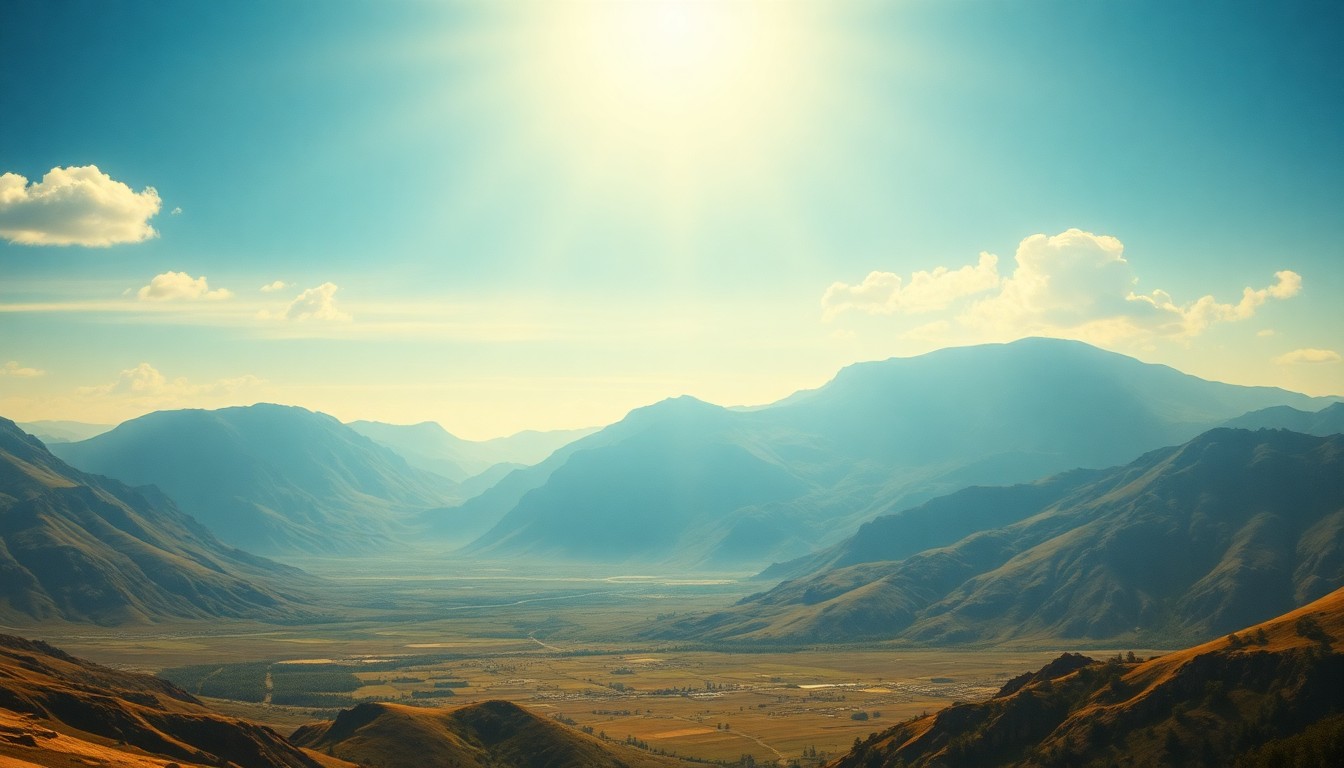 A vast, majestic landscape painting in muted earth tones and bright blue sky, with the warm glow of the sun illuminating the scene and dwarfing any physical objects in the foreground, conveying the sublime power of nature.