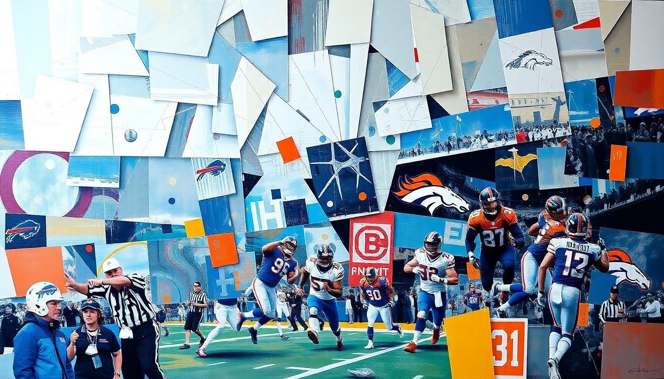 A fragmented, geometric painting depicting the key moments of the Bills-Broncos overtime playoff game, with sharp, overlapping planes representing the intense action and controversy of the final play.