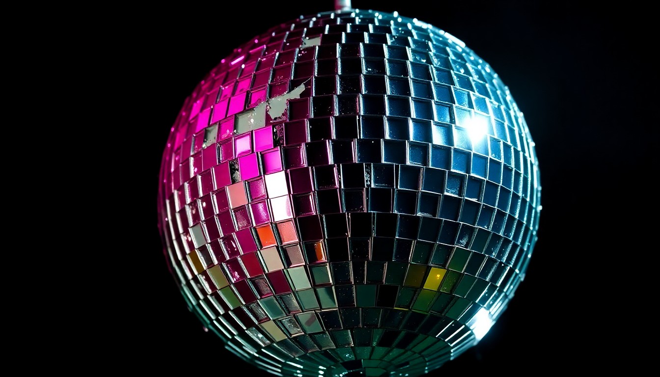 An extreme close-up photograph of a shattered disco ball, its reflective shards glittering under dramatic studio lighting, conceptually representing the intersection of Bruce Springsteen and Prince's musical legacies.