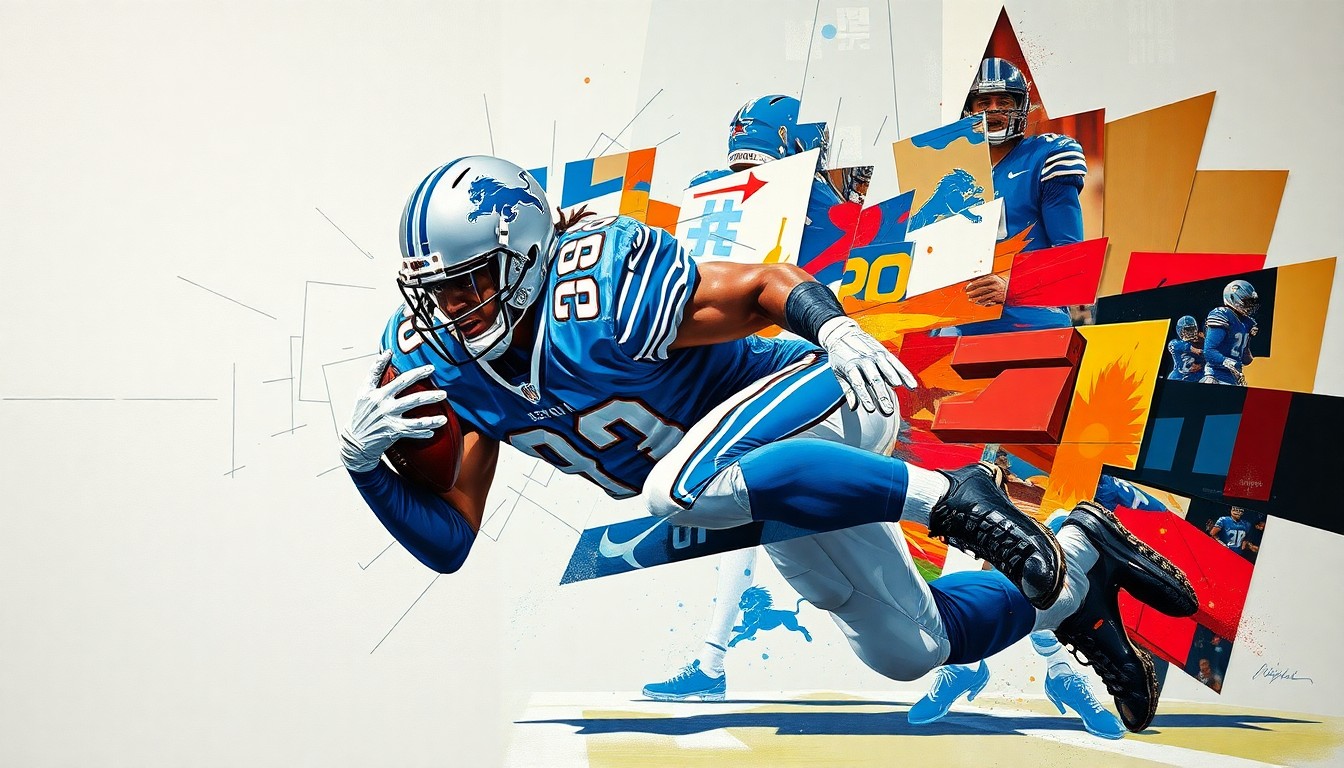 A fractured, geometric painting depicting a Detroit Lions defensive back making a tackle, with the player's form broken down into sharp, overlapping planes of color and shape.