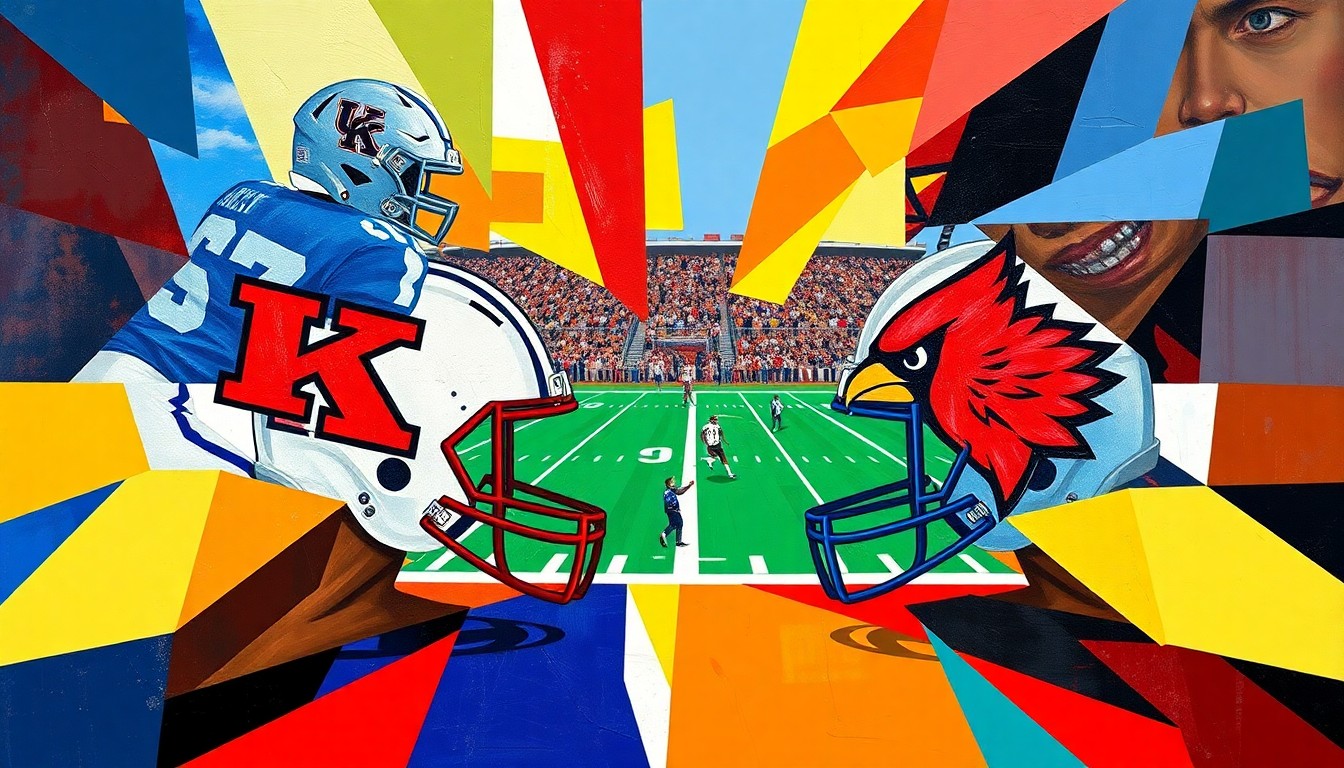 A fractured, cubist-style painting depicting a football game or match between the University of Kentucky and the University of Louisville, with sharp geometric planes in the teams' colors representing the competitive energy and tension of the rivalry.