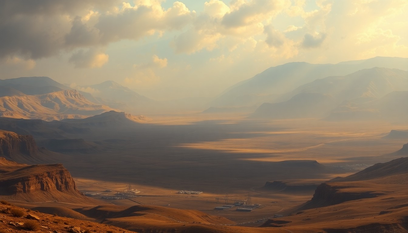 A vast, majestic landscape painting in muted earth tones, with a small residential area or utility infrastructure faintly visible in the distance, dwarfed by the overwhelming scale of the natural world, conveying the mood of a drought-stricken region.