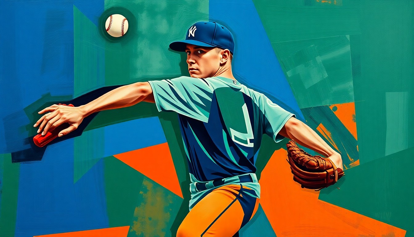 A cubist-style painting depicting a baseball pitcher's throwing motion broken down into sharp, overlapping geometric shapes in vibrant colors, capturing the dynamic energy of the sport.