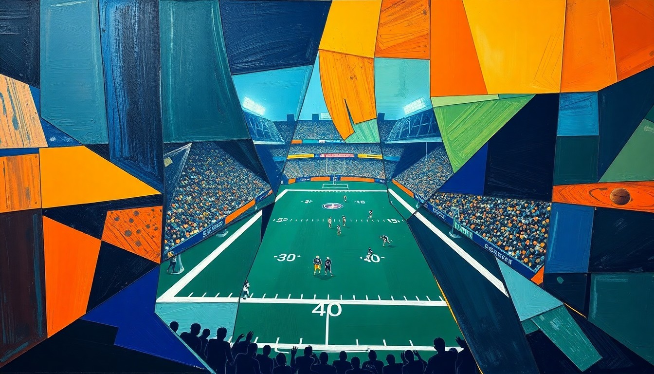 A cubist, geometric painting depicting fragmented, overlapping shapes and planes in navy blue, forest green, and burnt orange, conceptually representing the complex maneuverings and strategic trades of an NFL draft.