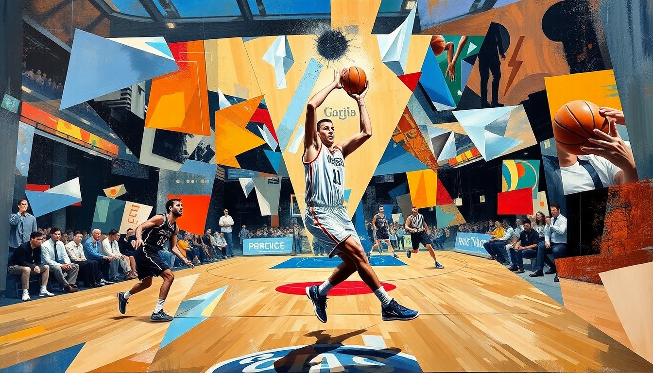 A cubist, geometric painting depicting a basketball game in motion, with Luka Dončić's figure fractured and abstracted into overlapping planes of color, capturing the divisive nature of his play style.
