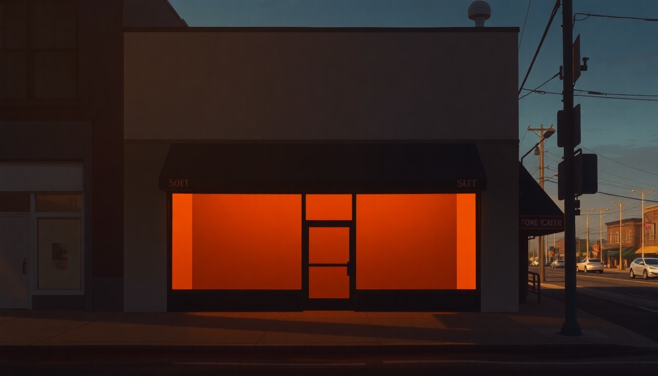 A serene, nostalgic painting of an empty storefront in downtown Salem, with warm sunlight and deep shadows creating a contemplative mood.