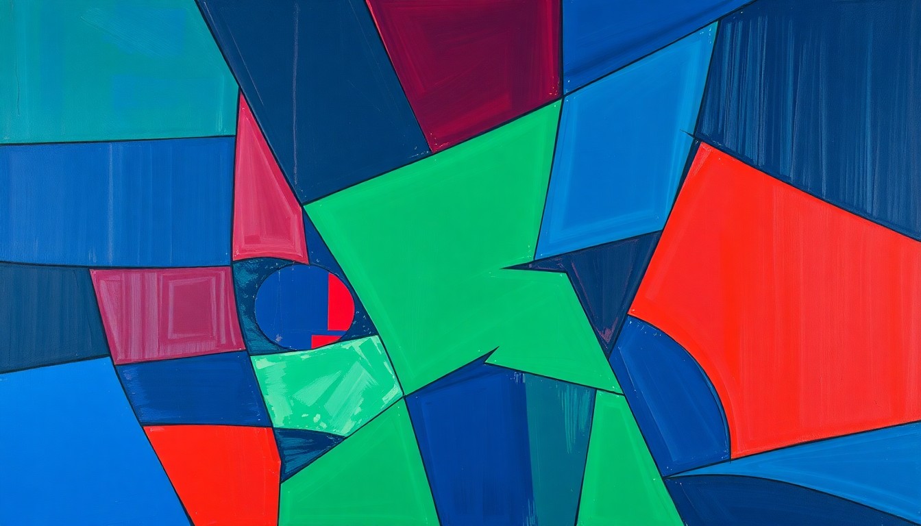A cubist, geometric painting depicting a WNBA basketball game or match, with sharp, overlapping planes of navy blue, emerald green, and crimson red, capturing the dynamic energy and balance of the Dallas Wings' revamped roster.