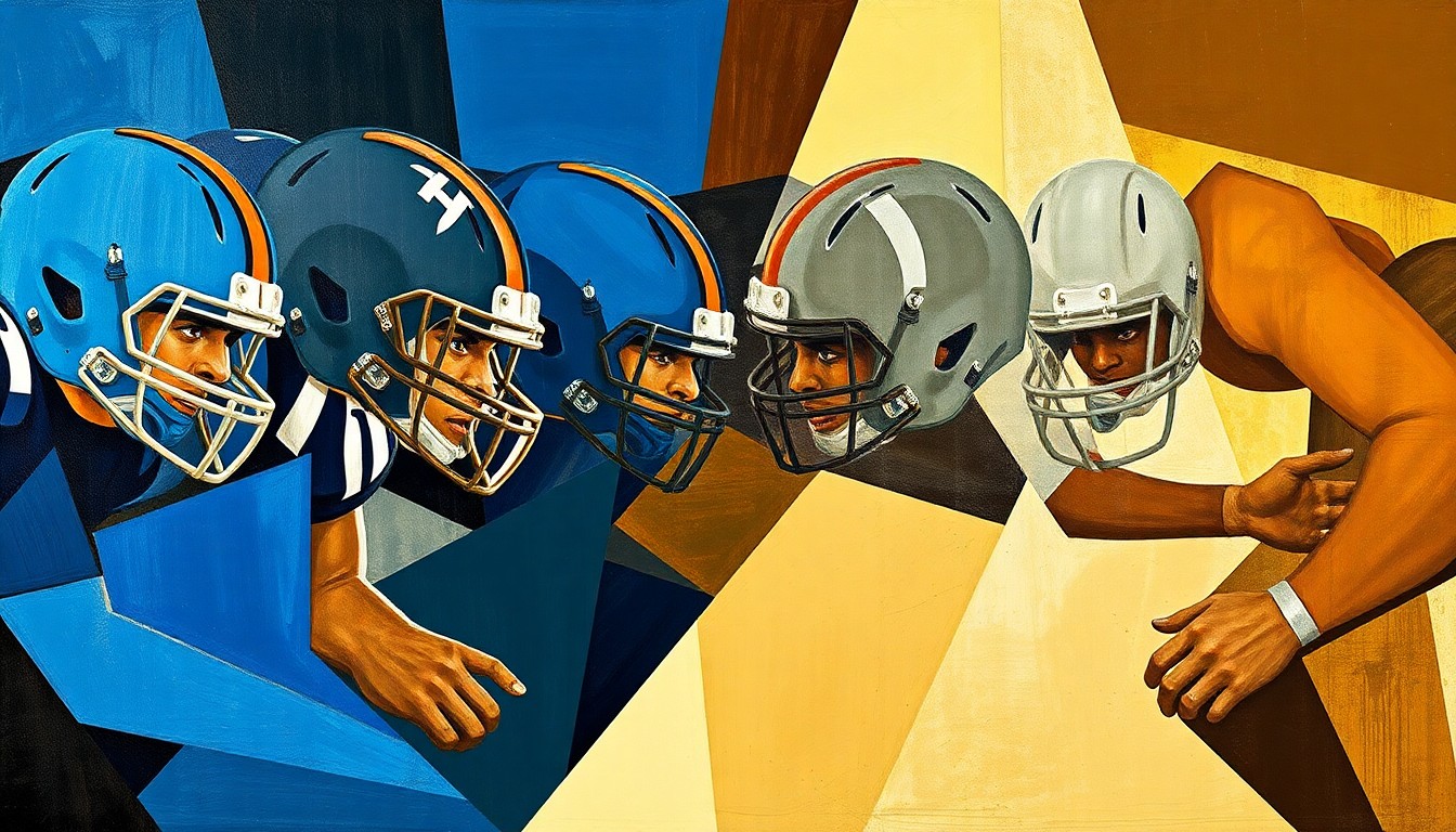 A fragmented, geometric painting depicting the overlapping forms and angles of a football offensive line, with the players' bodies broken down into sharp, interlocking shapes in a muted color palette.