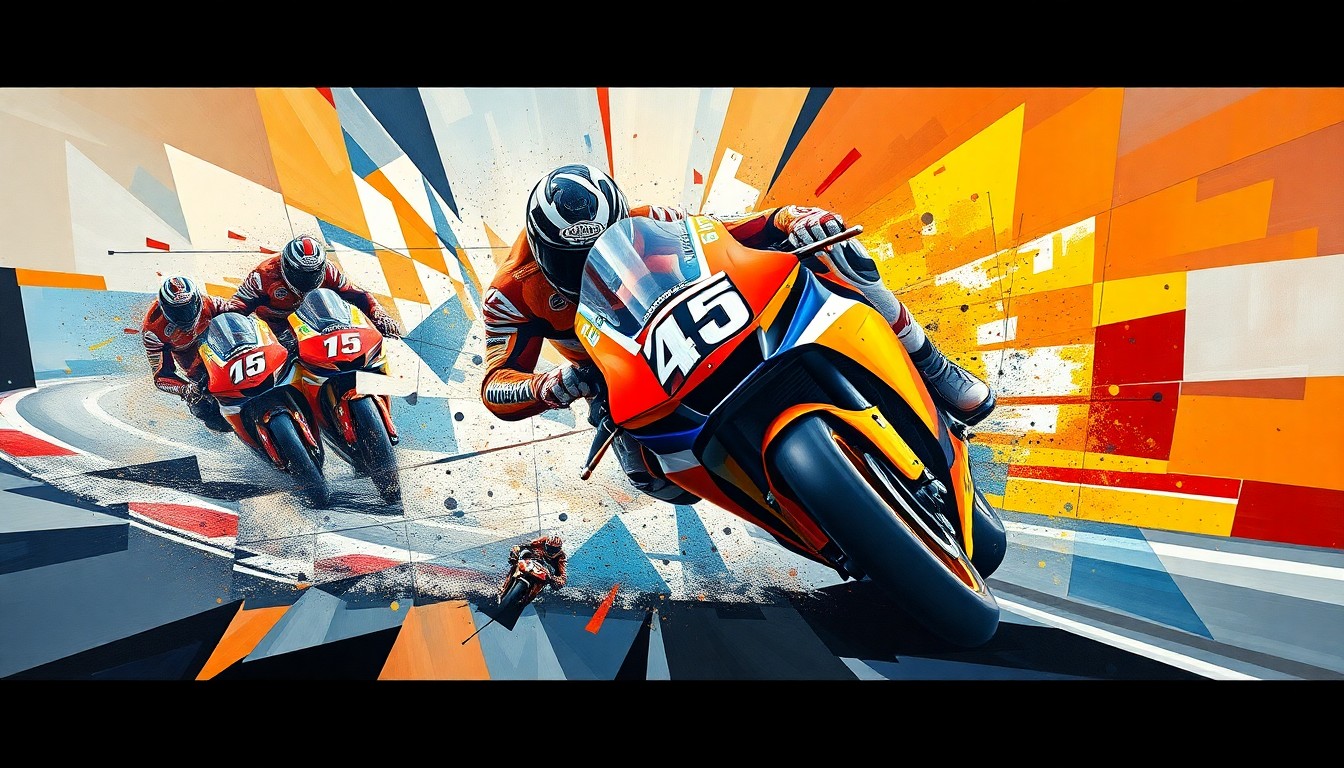 A cubist-style painting depicting the collision between two motorcycles in a MotoGP race, with the riders and bikes broken down into sharp, overlapping geometric shapes and planes, conveying the chaotic and intense nature of the incident.