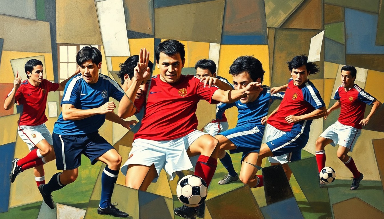 A cubist-style painting depicting the dynamic movements and energy of a soccer match, with the players' forms abstracted into overlapping geometric shapes and planes in shades of green, blue, and yellow.