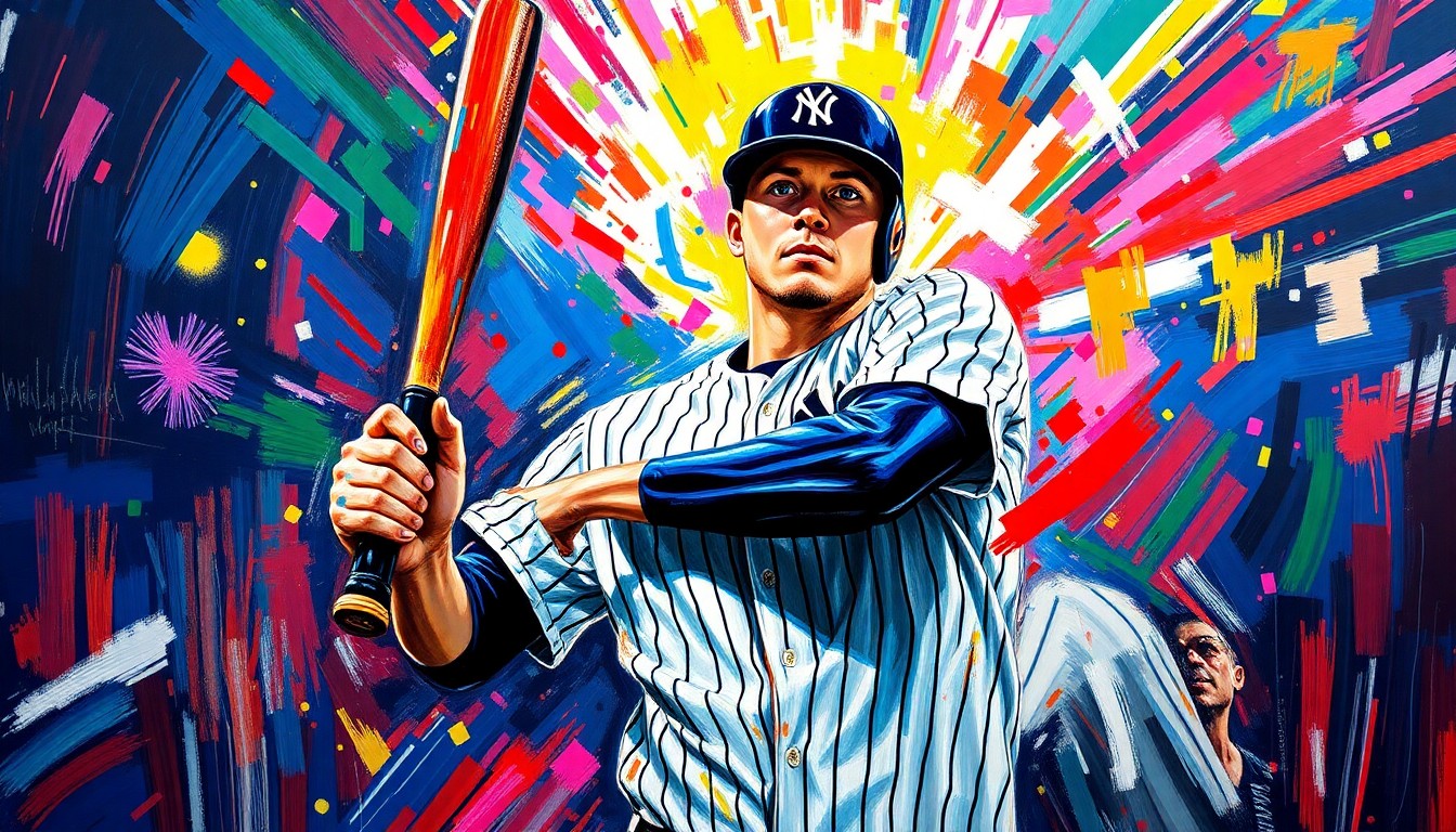 An abstract, energetic painting featuring bold, neon-colored brushstrokes and shapes that evoke the financial pressures and tensions surrounding the Yankees' luxury tax challenges with Cody Bellinger's contract.