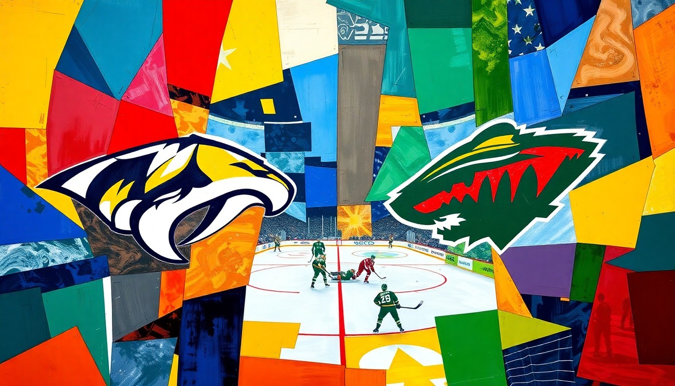 A cubist, geometric painting depicting a hockey game in progress, with the players and the ice surface broken down into sharp, overlapping planes of color representing the teams' official colors.