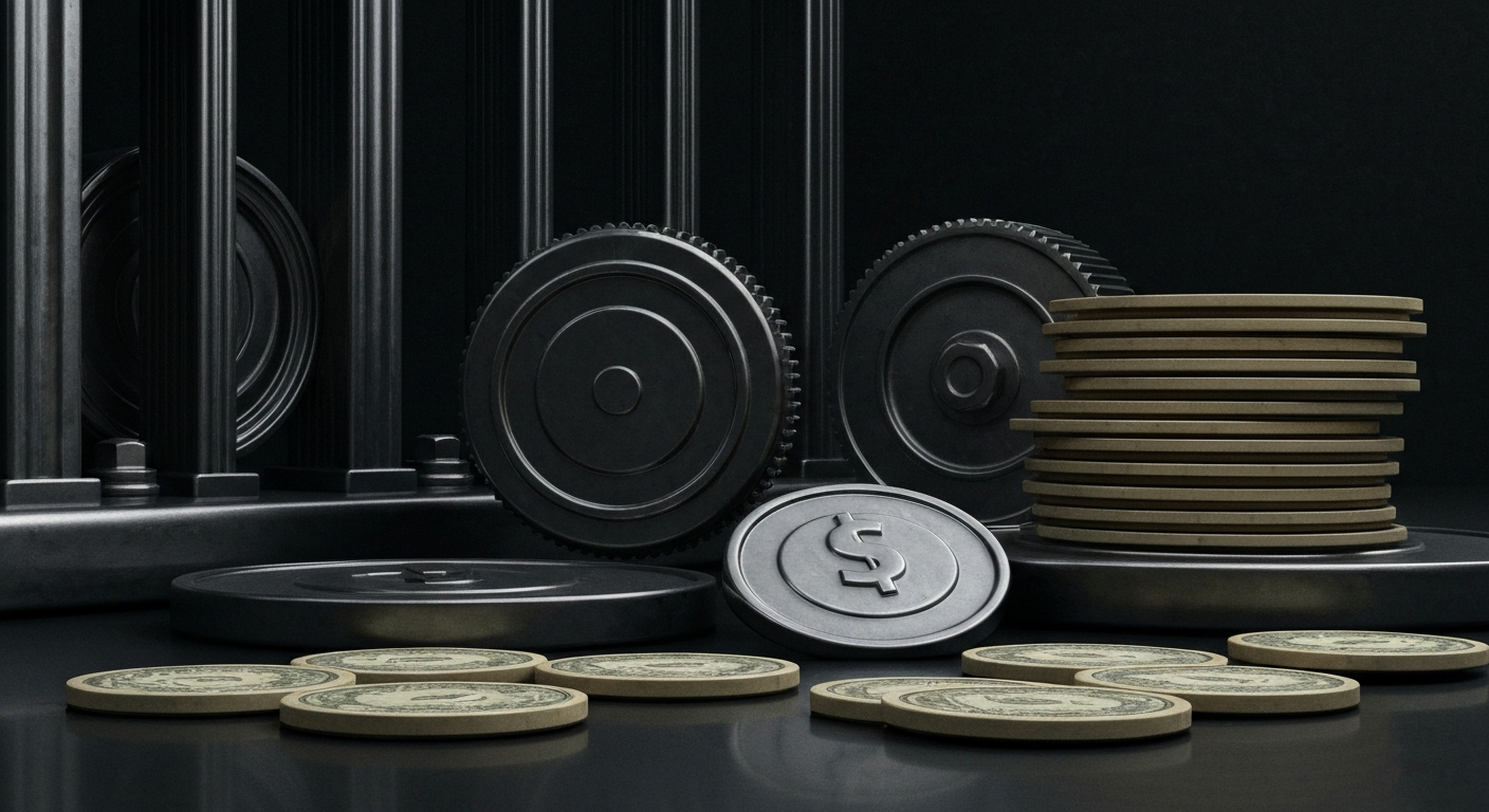 An extreme close-up of intricate, industrial-looking banking equipment and mechanisms, conveying the heavy, physical nature of financial security and the institutional power behind it.