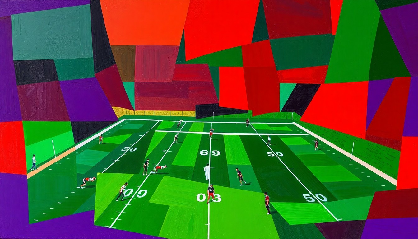 A fragmented, geometric painting depicting the dynamic movements and energy of a college football game, with sharp planes of deep purple, forest green, and crimson red.