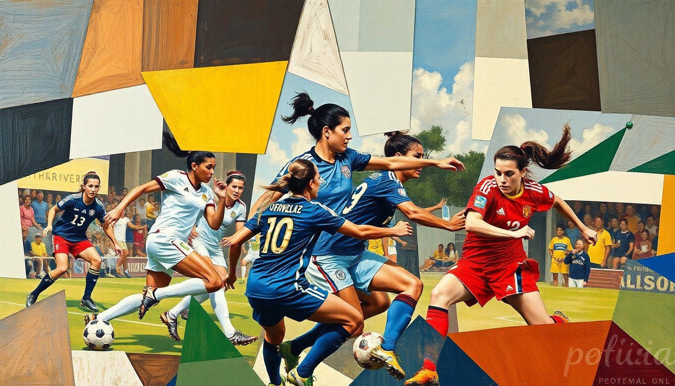 A cubist-style painting depicting a women's football match, with the players and the field of play broken down into sharp, overlapping geometric shapes and planes, conveying the intensity and movement of the game.