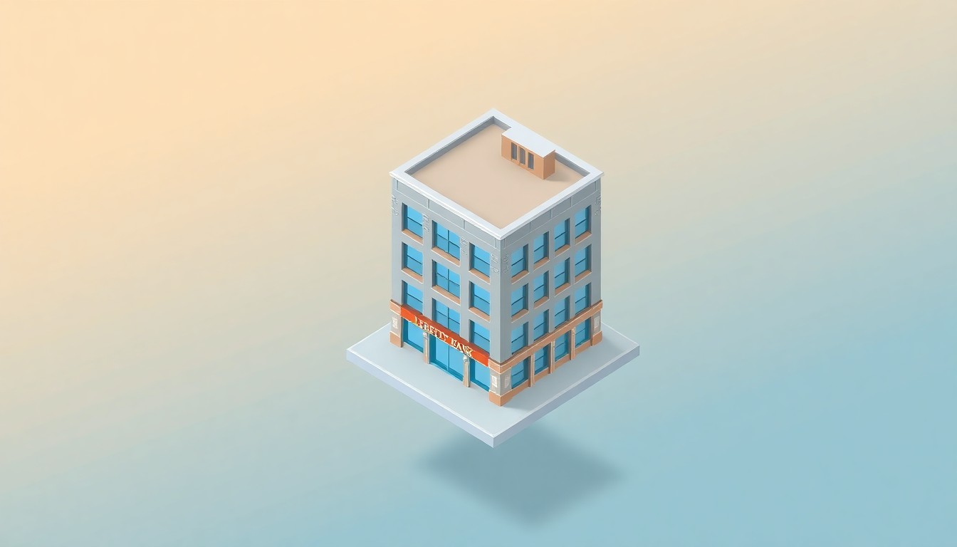 An isometric 3D illustration depicting a modern, stylized model of the Liberty Bank Building floating on a pastel background, with the surrounding Central District neighborhood visible in the distance. The building is rendered in bold, vibrant colors to represent the community-driven values and history of the original Liberty Bank.