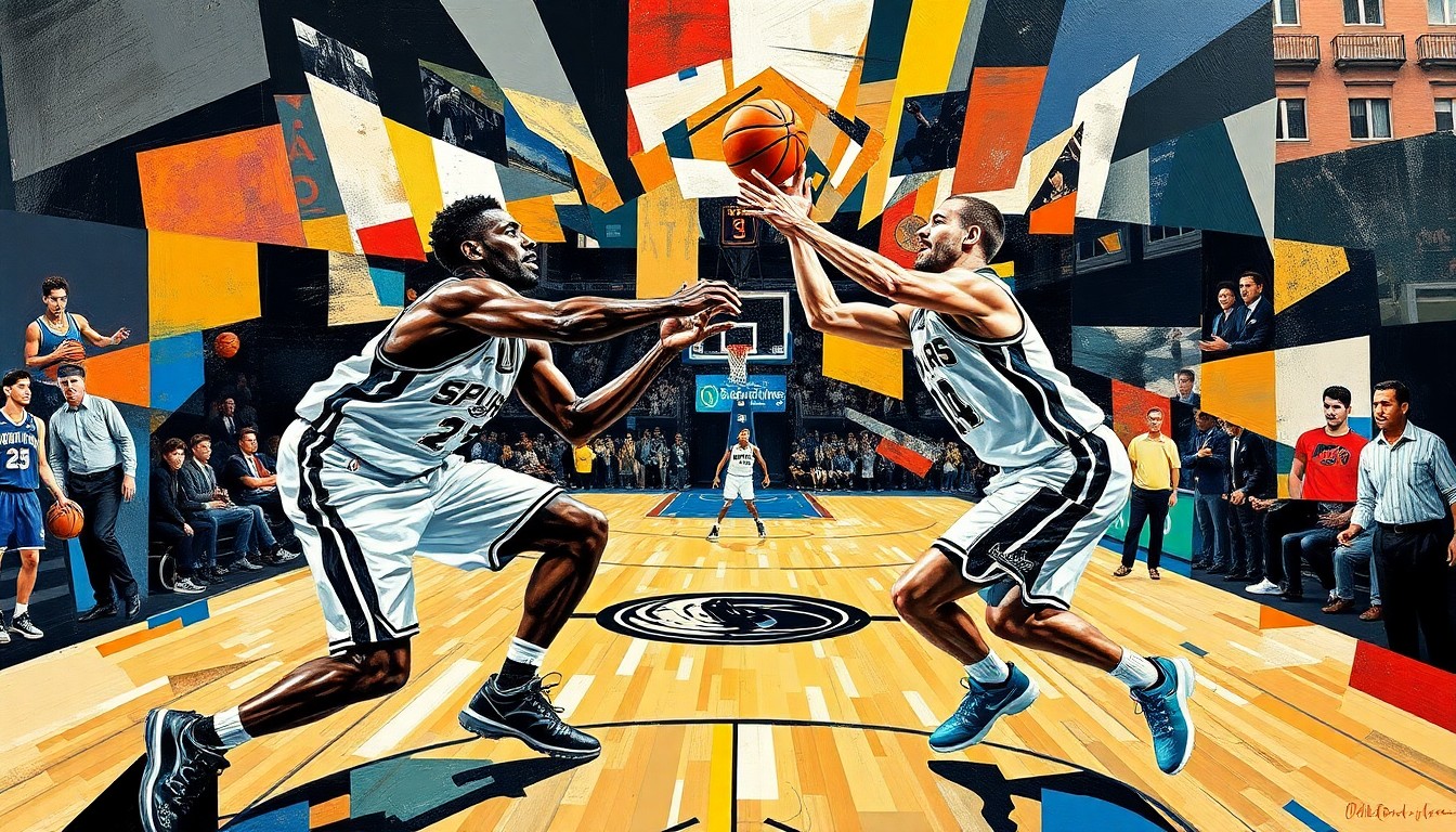 A cubist, geometric painting depicting a basketball game in motion, with the figures of Wembanyama and Dončić prominently featured in a fractured, multi-perspective composition that captures the raw energy and competitive spirit of the matchup.