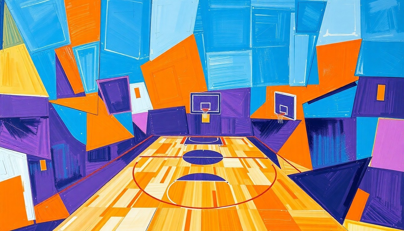 A cubist, geometric painting depicting a fragmented basketball court and players, with sharp, overlapping planes of color in shades of blue, orange, and purple, conceptually representing the strategic approach to the Sky's rebuilding process.