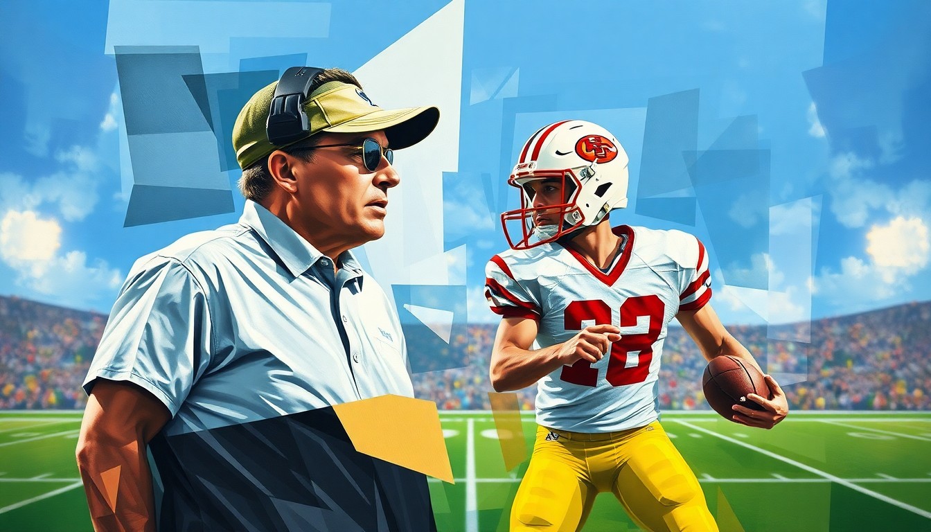 An abstract, cubist-style painting depicting the intertwined figures of a football coach and player, their forms broken down into sharp, overlapping geometric shapes that convey a sense of motion and energy.