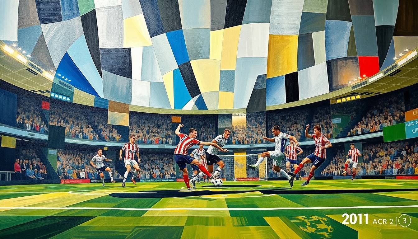 A fractured, multi-perspective painting in shades of blue, red, and green, breaking down a football match into sharp, overlapping geometric planes, abstracting the players and the field into a dynamic, cubist composition.